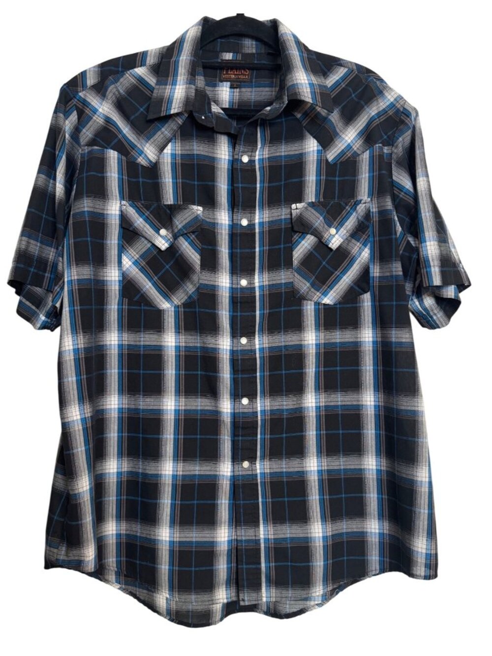 Plains Western Size Large Snap Button Men’s Plaid Shirt Short Sleeve